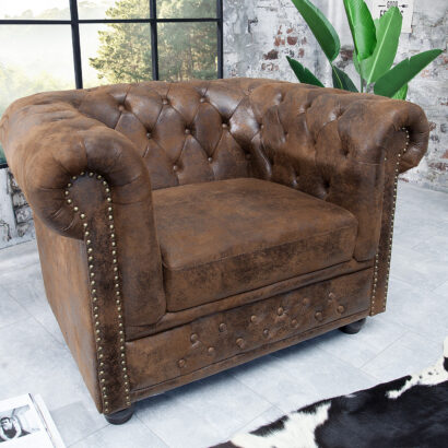 Chesterfield fåtölj brun antik look / 17383