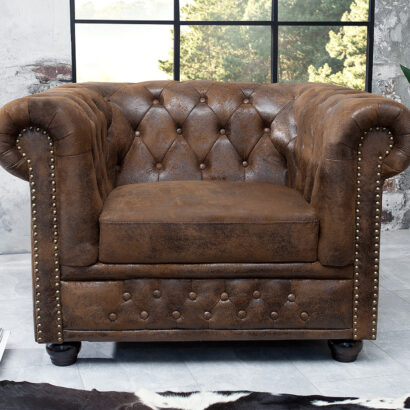 Chesterfield fåtölj brun antik look / 17383