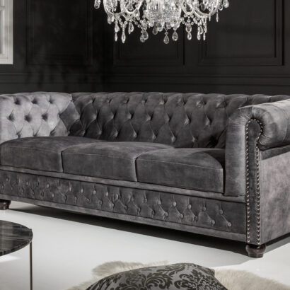 Soffa Chesterfield 3-sits grå sammet/ 41215