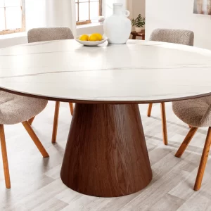Matbord UNIKT 120 cm runt valnötsfaner keramik vit marmorskiva/ 45144