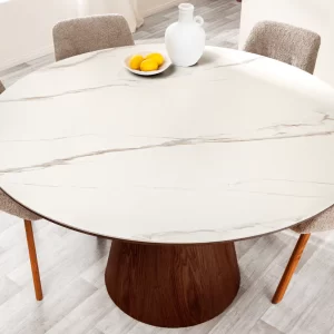 Matbord UNIKT 120 cm runt valnötsfaner keramik vit marmorskiva/ 45144